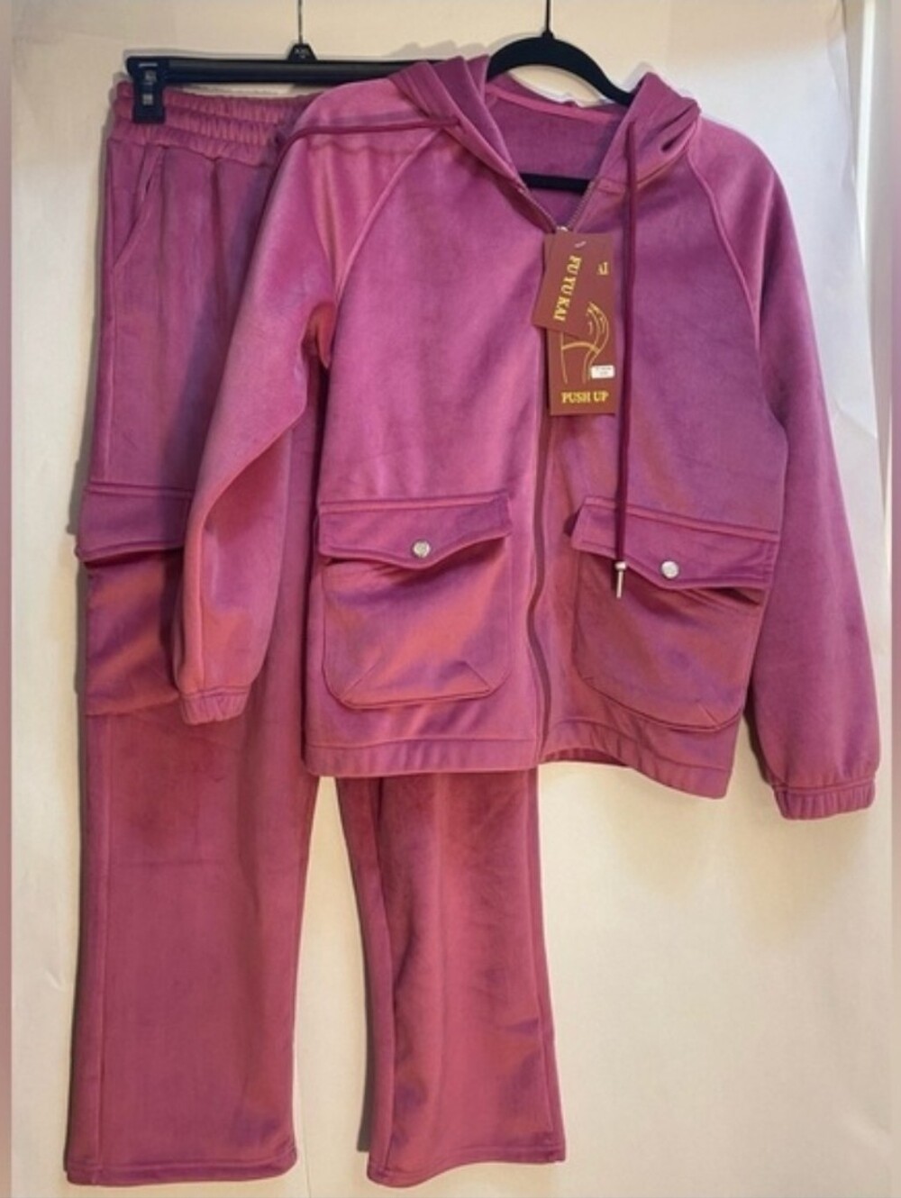 Pink Ribbed Velour Tracksuit Set Zip Hoodie Cargo Pants W-46200 S/M